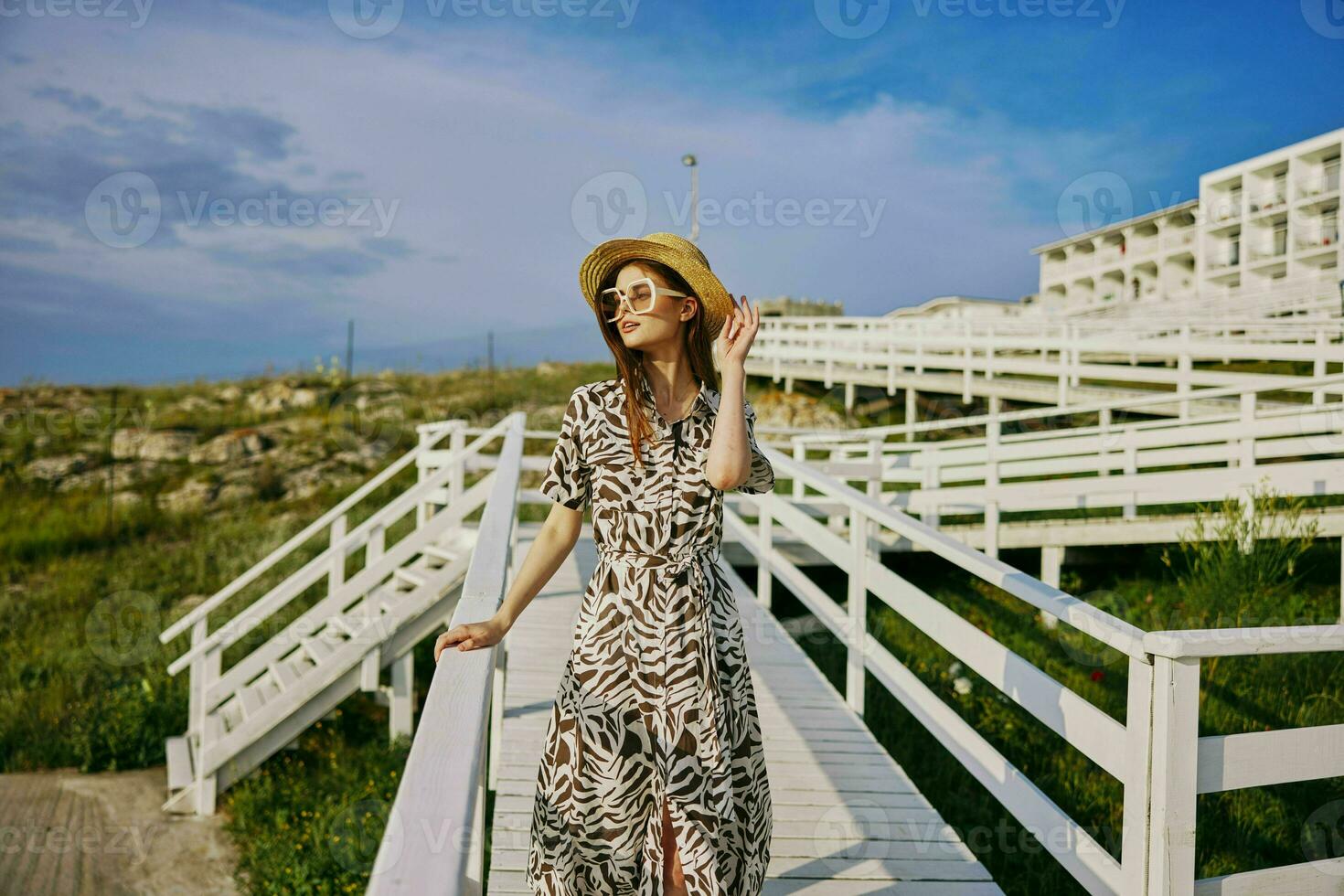 beautiful woman travel hotel fashion tropics Happy female relaxing photo