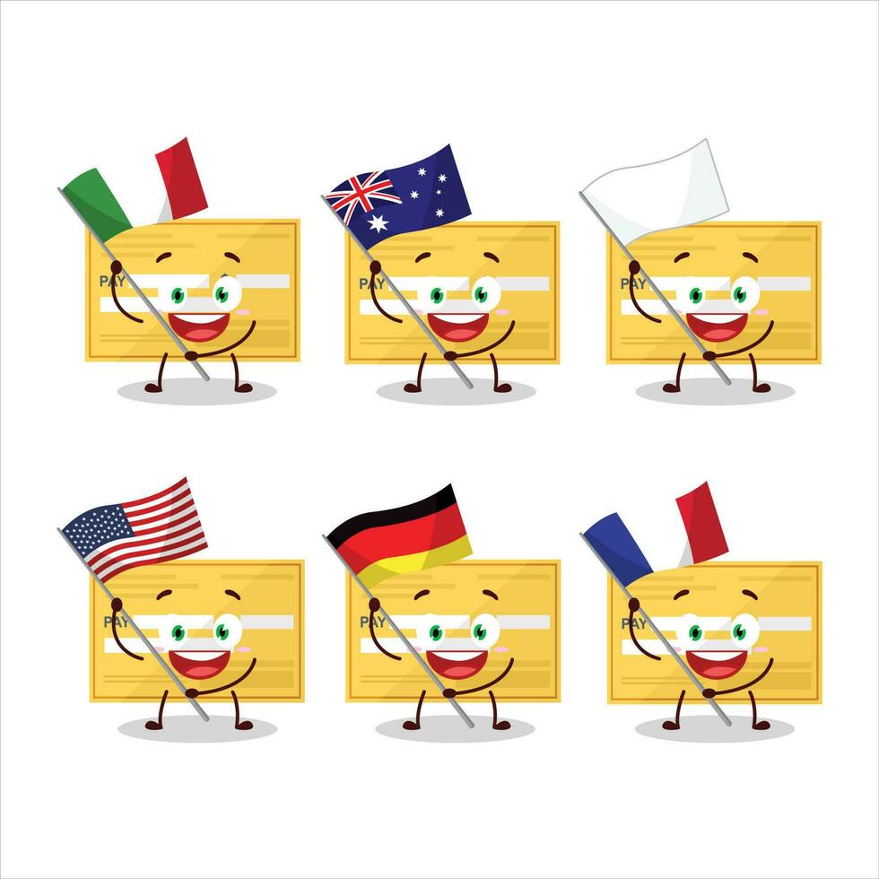 Payment check paper cartoon character bring the flags of various countries vector