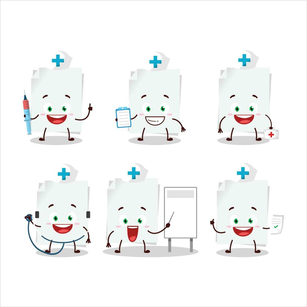 médico profesión emoticon con blanco sábana de papel dibujos animados personaje vector