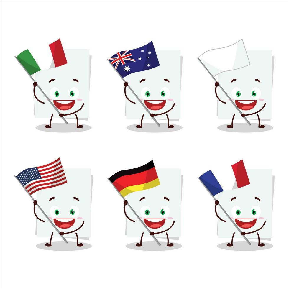 blanco sábana de papel dibujos animados personaje traer el banderas de varios países vector