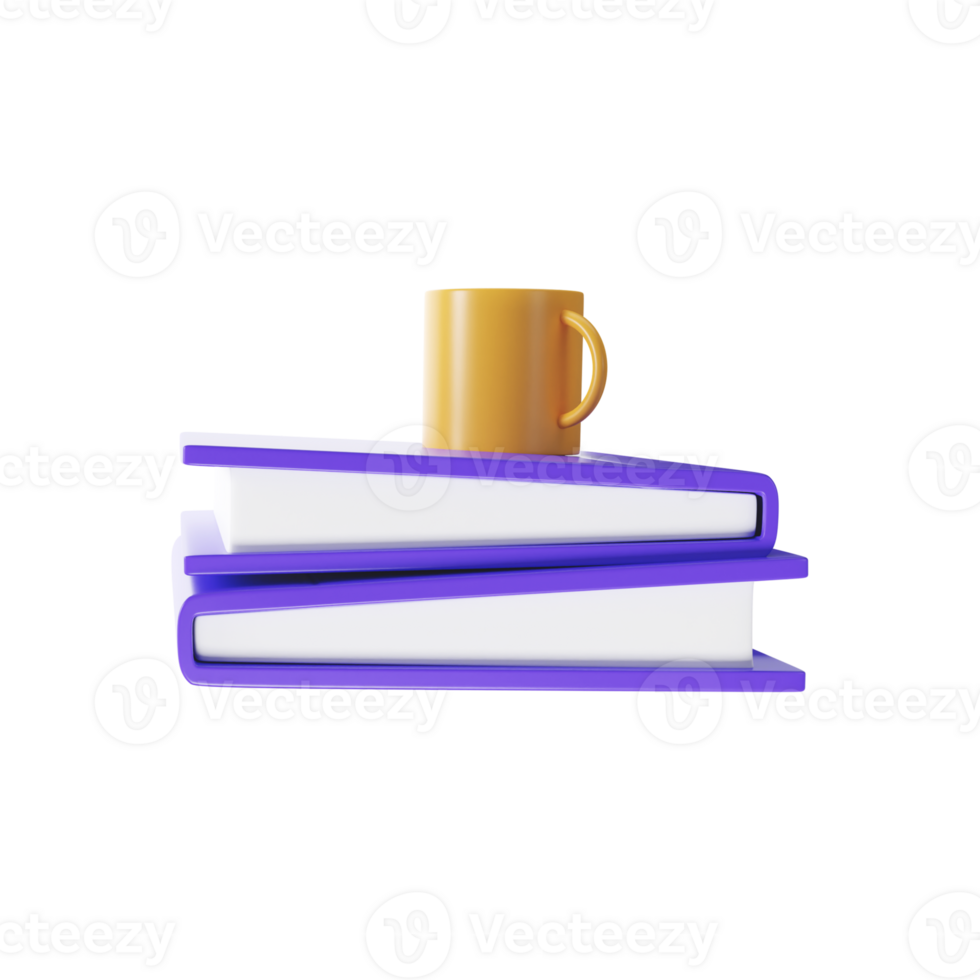 3D Style Books And Drink Cup Icon In Purple And Golden Color. png