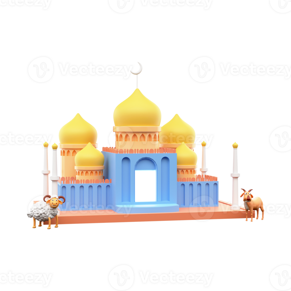 3D Rendering Mosque Arch With Cartoon Sheep And Goat Illustration. png