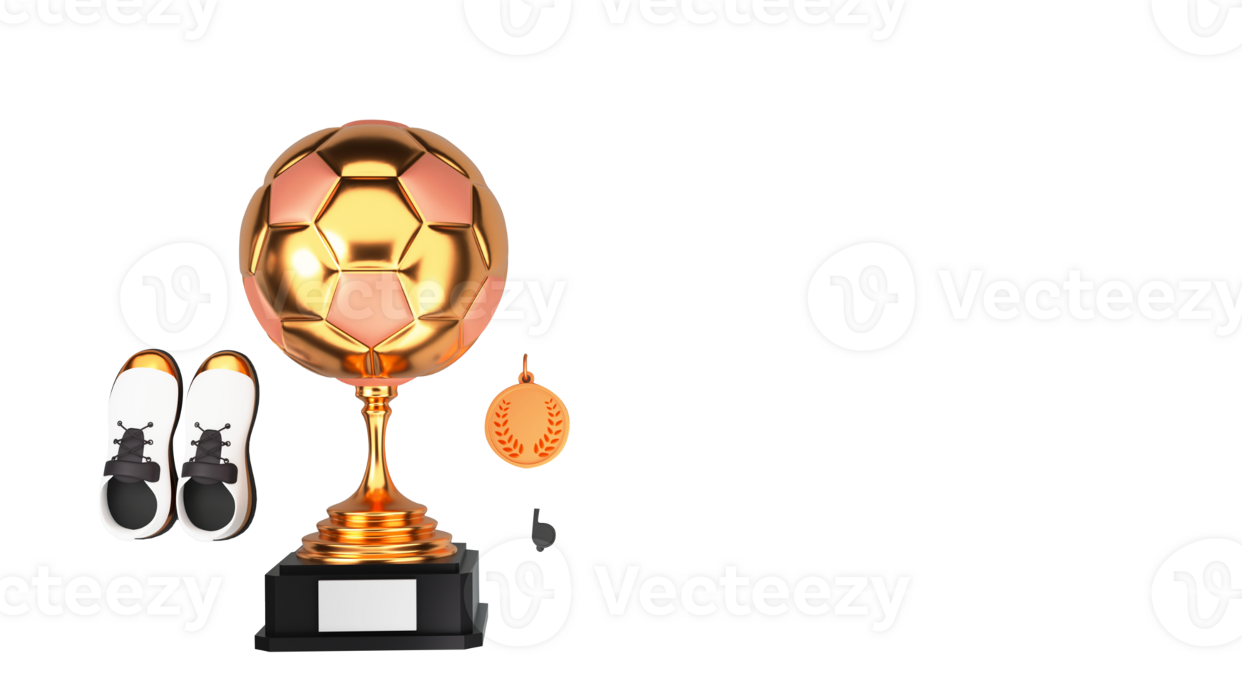 3d representación de dorado fútbol americano trofeo taza con medalla insignia, silbar, Deportes zapato y Copiar espacio. png
