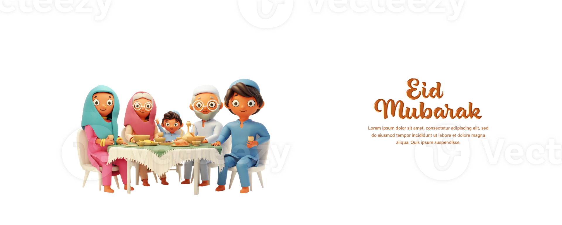 eid mubarak, 3d estilo islámico familia teniendo comida a comida mesa. png