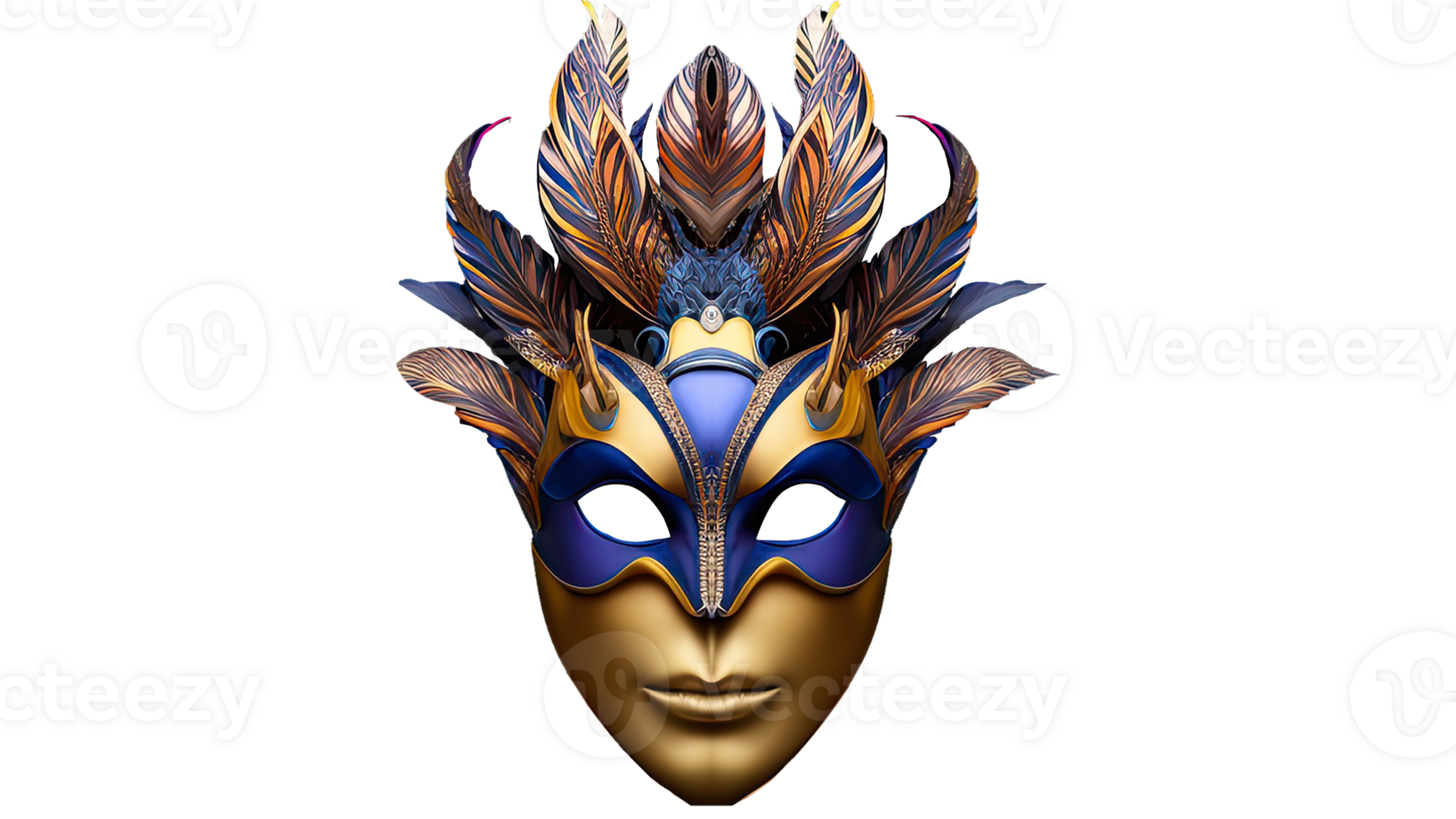 Golden And Blue Venetian Face Mask With Feathers Icon. 3D Render. png
