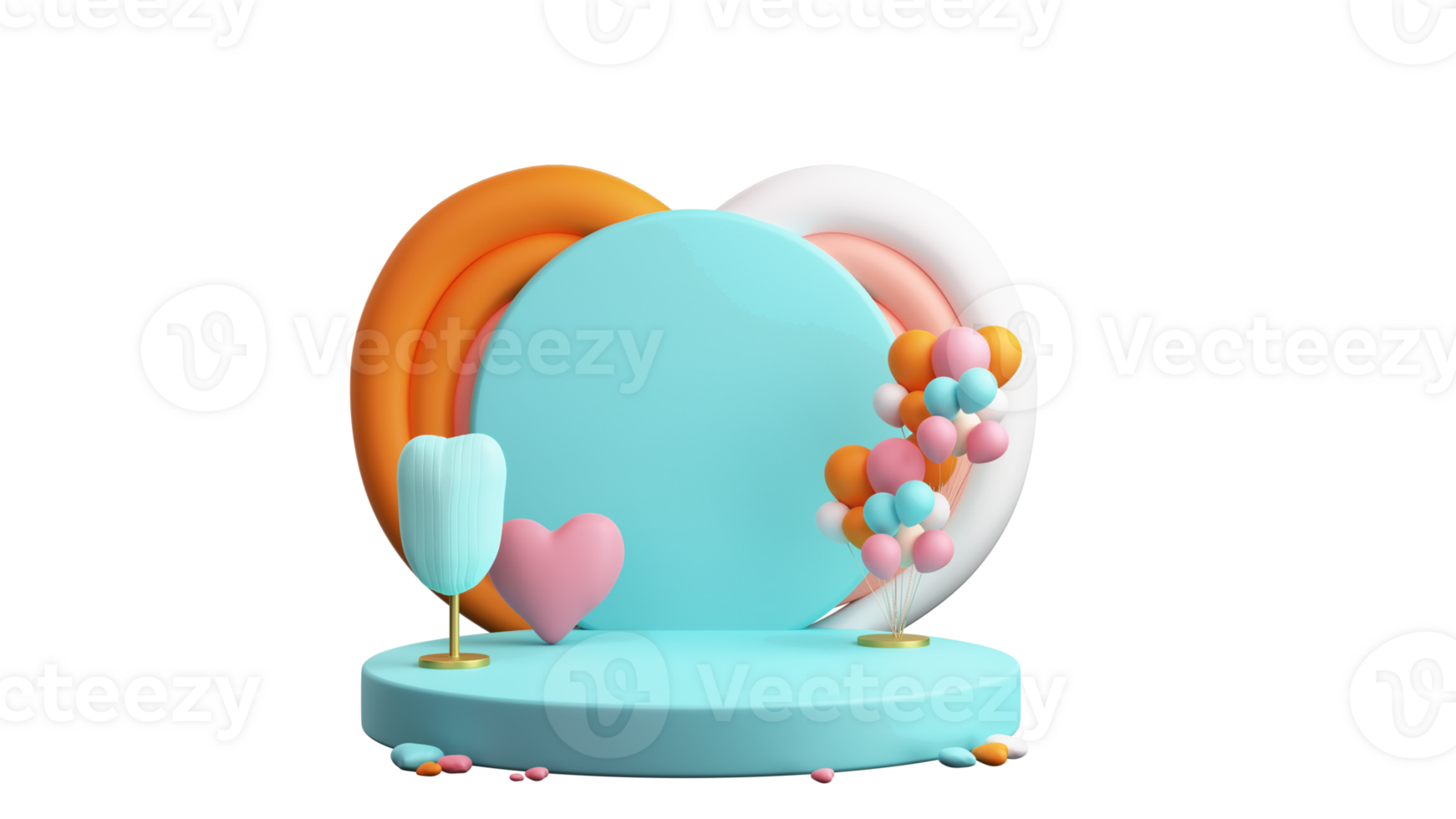 3D Render Colorful Heart Shape Podium Decorated Balloons. Love or Valentine's Day Concept. png