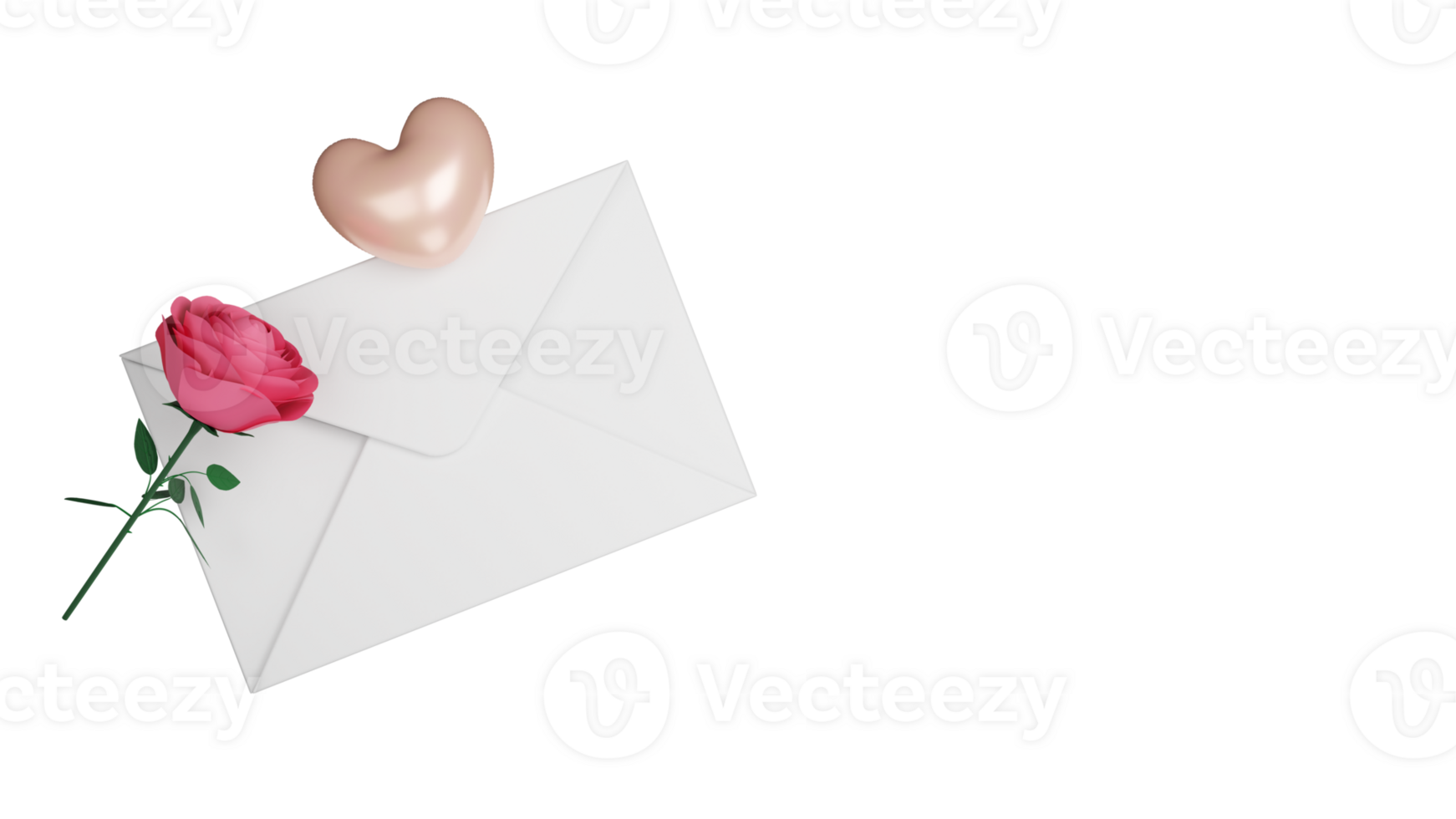 Top View of White Envelope With Realistic Rose, Glossy Heart Element. 3D Render. png