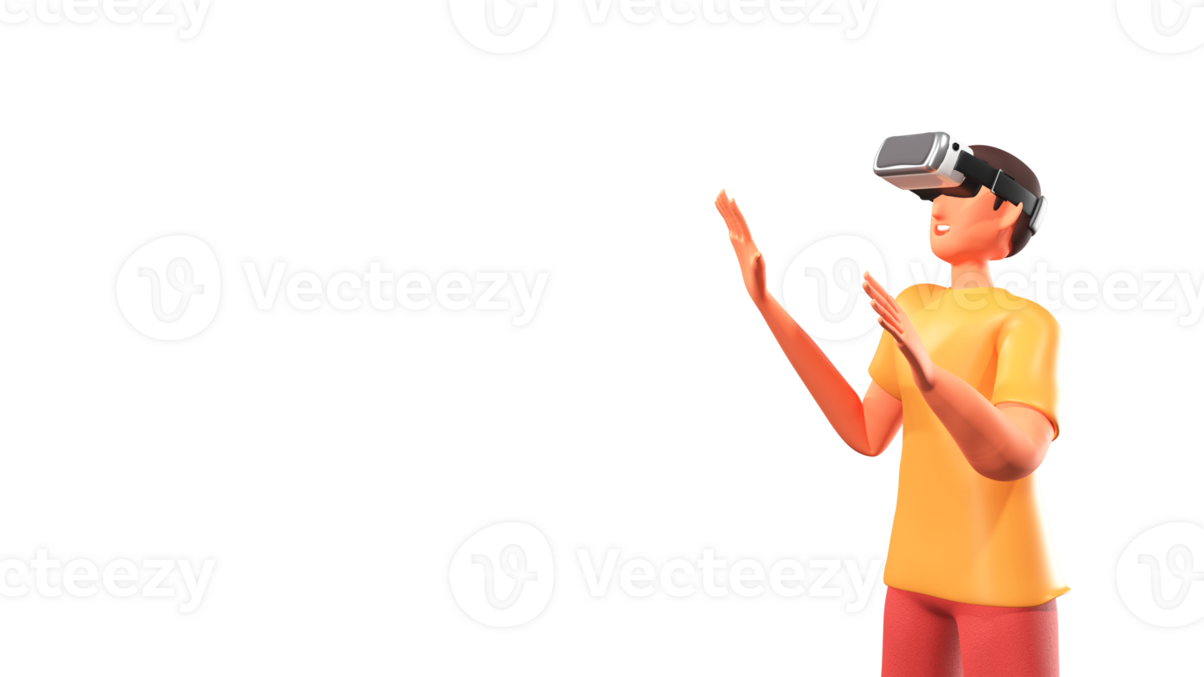 3D Render of Young Man Touching With Invisible Objects Through VR Goggles. png