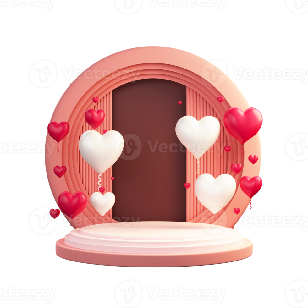 3D Render,  Heart Shape Balloons Decorated Circular Frame And Podium Space For Image or Text. png