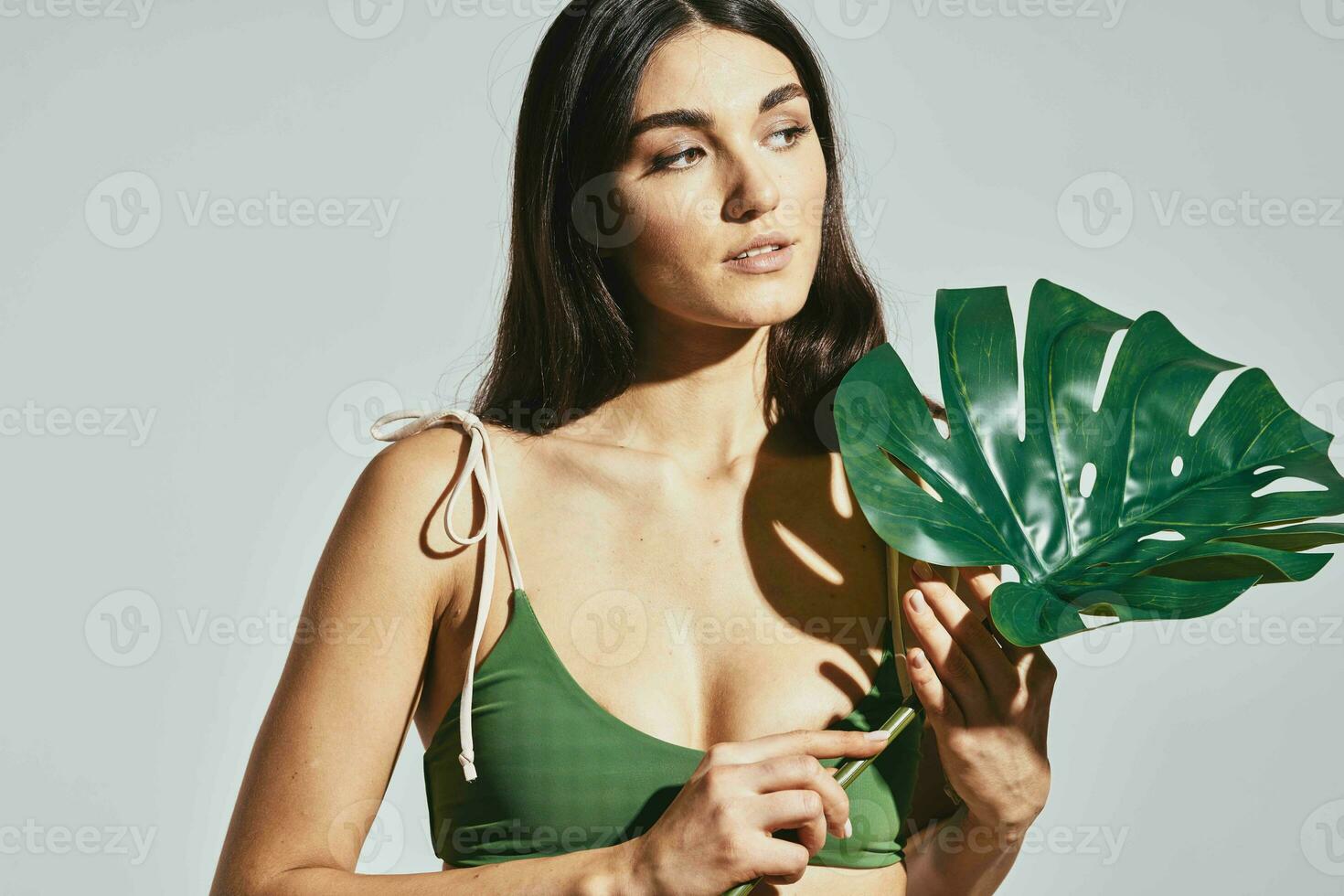 woman in beach bikini palm leaf glamor posing photo