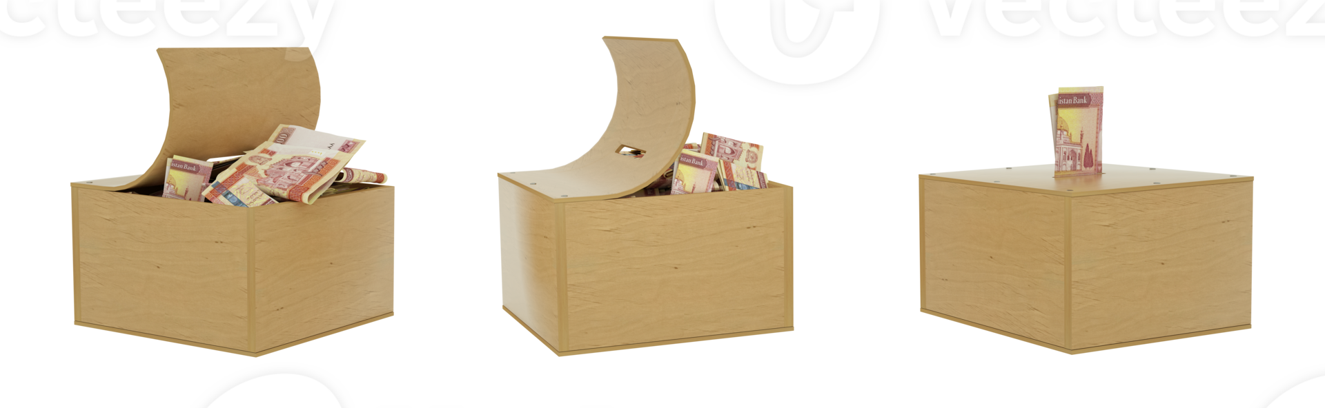 Afghan Afghani notes inside an open wooden savings box. set of savings concept. Generic Piggy Bank, Penny Bank, Money Box. 3d rendering png