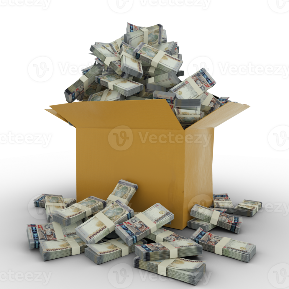 3d rendering of cardboard box full of 100000 Armenian dram notes isolated on a transparent background png