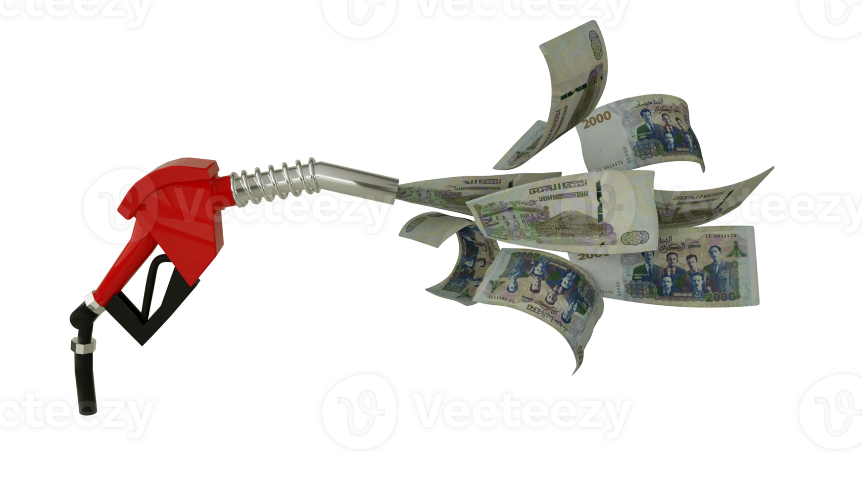 3d rendering of Algerian Dinar notes coming out from fuel pump. red fuel nozzle with Dinars flying around png