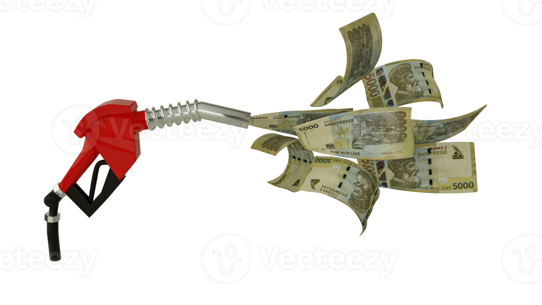 3d rendering of 100 Armenian Dram notes coming out from fuel pump. red fuel nozzle with Armenian Dram flying around png