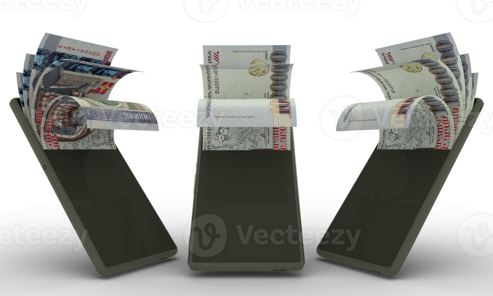 100000 Armenian dram notes inside a mobile phone. money coming out of mobile phone. 3d rendering of set of mobile money transaction concept. money from Phone png