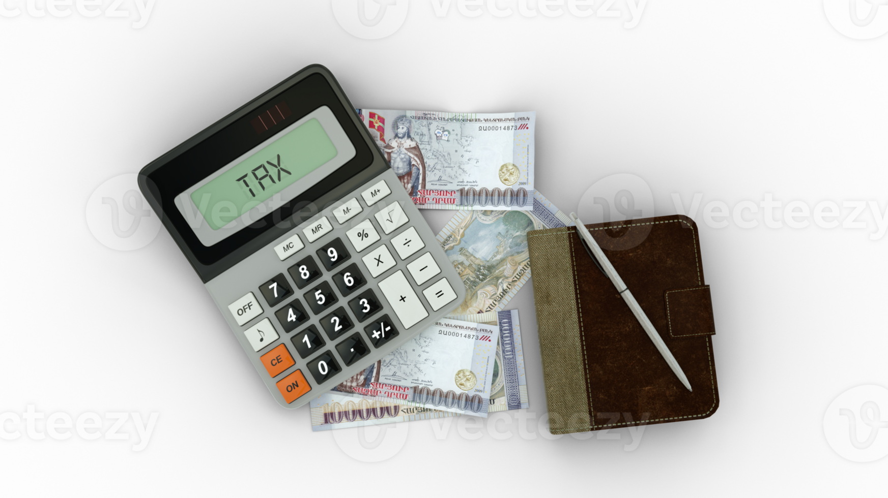 3D rendering of an isolated composition of 100000 Armenian dram notes, a calculator, a note book and a pen png