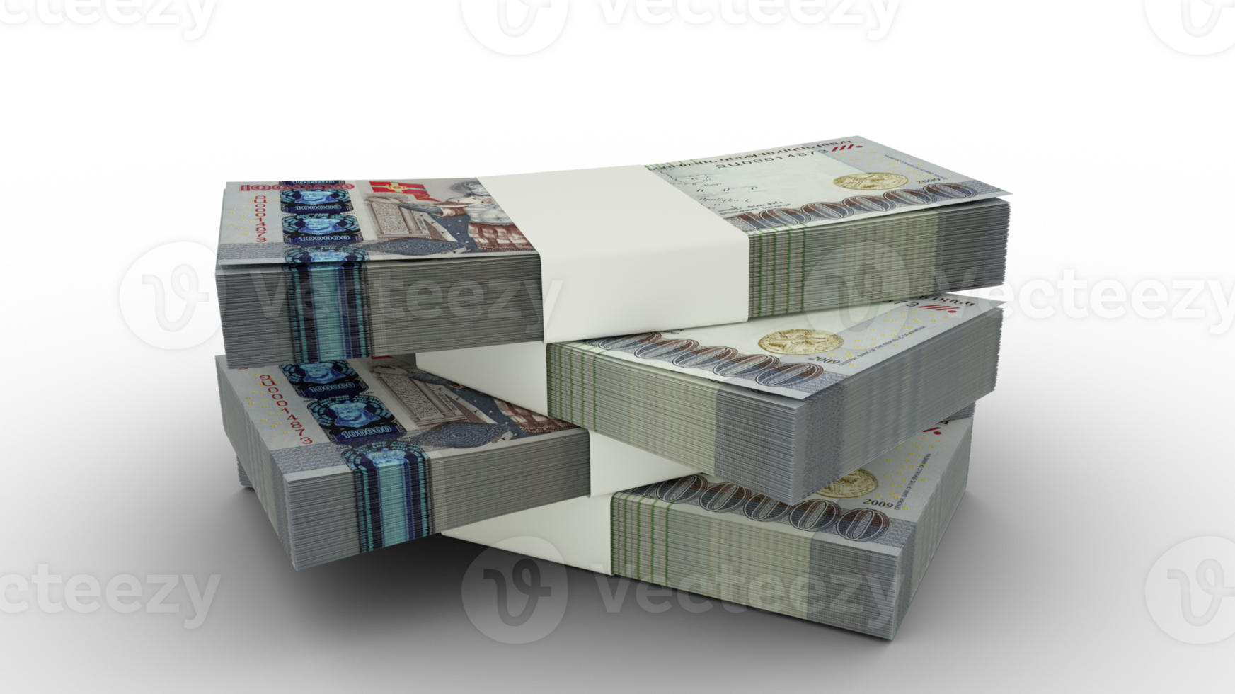3d rendering of Stack of 100000 Armenian dram notes. Few bundles of Armenian currency isolated on transparent background png
