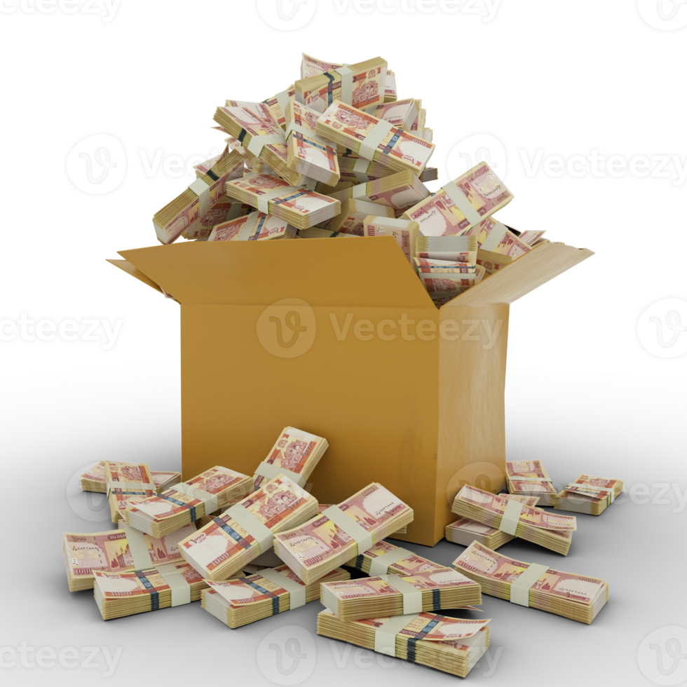 3d rendering of cardboard box full of Afghan Afghani notes isolated on a transparent background png