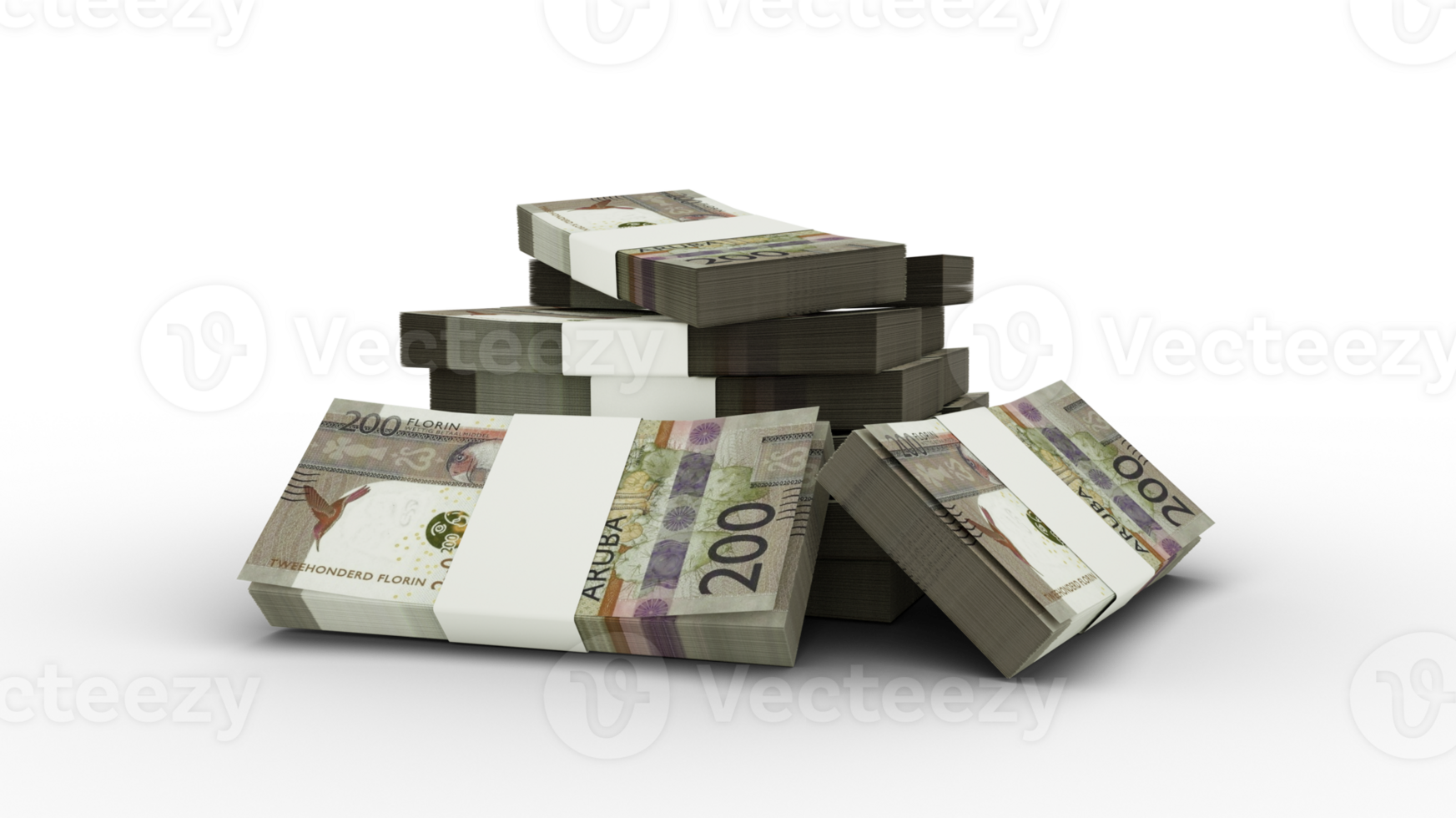 3d rendering of Stack of 200 Aruban florin notes. bundles of Aruban currency notes isolated on transparent background png