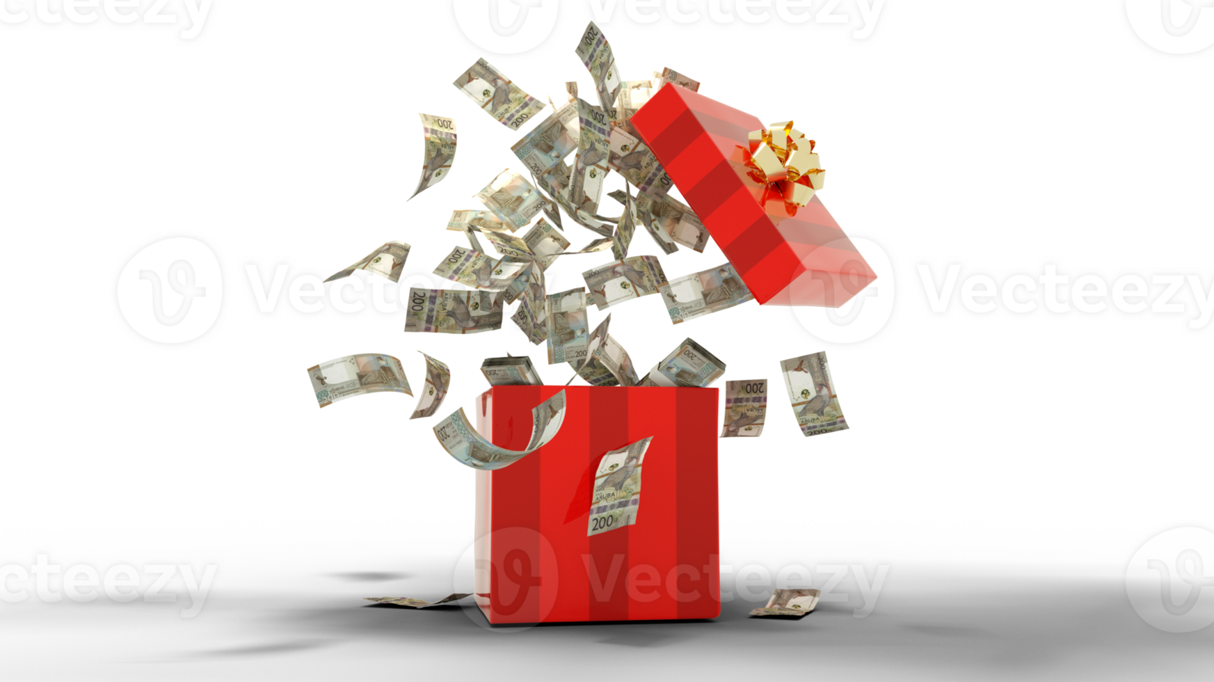 3D rendering of A lot of 200 Aruban florin notes coming out of an opened red gift box png