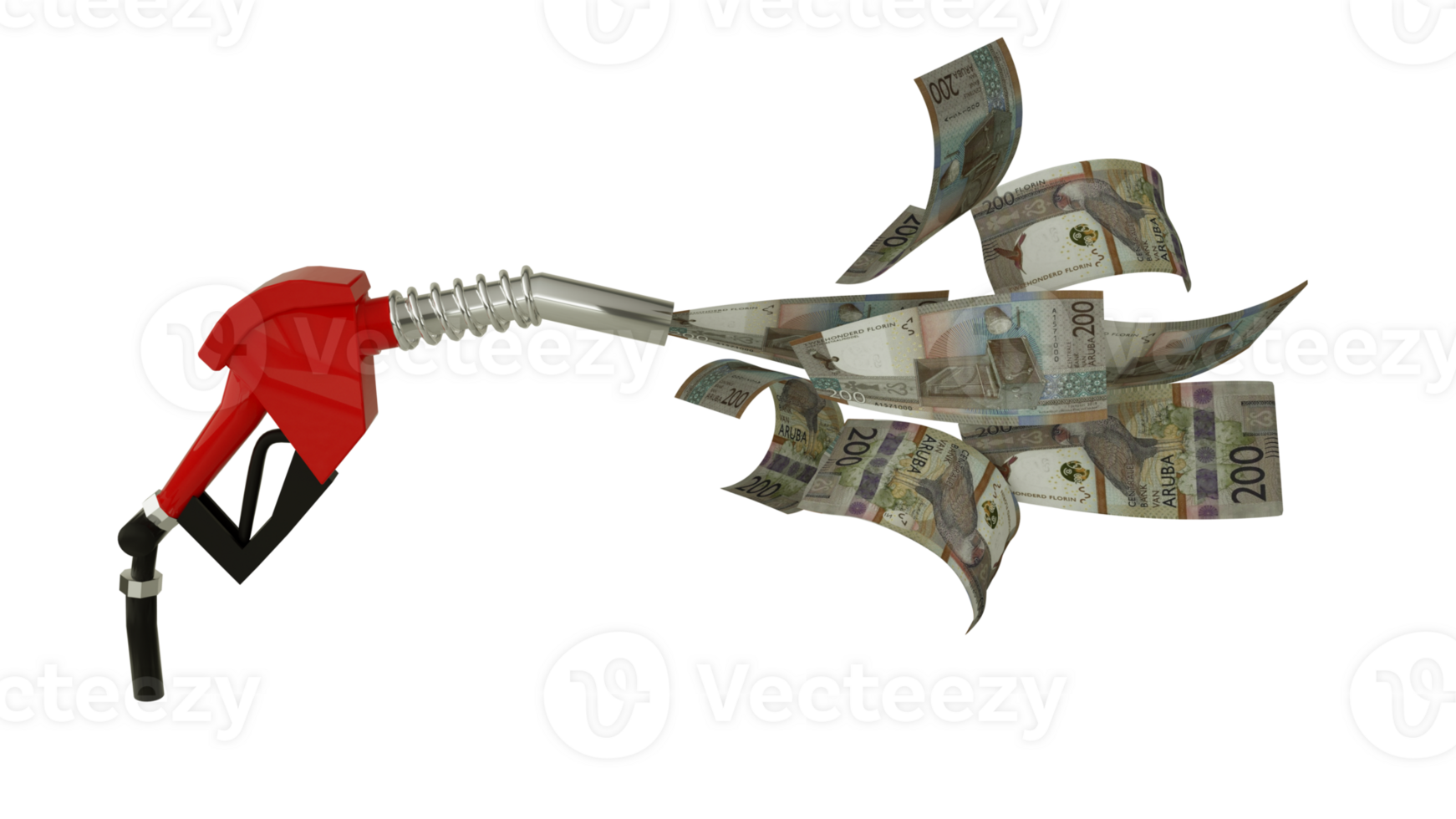 3d rendering of 200 Aruban florin notes coming out from fuel pump. red fuel nozzle with Aruban florin flying around png
