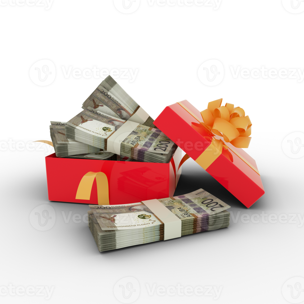 Stack of 200 Aruban florin notes inside an open red gift box. Bundles of Aruban florin inside a gift box. 3d rendering of money inside box png