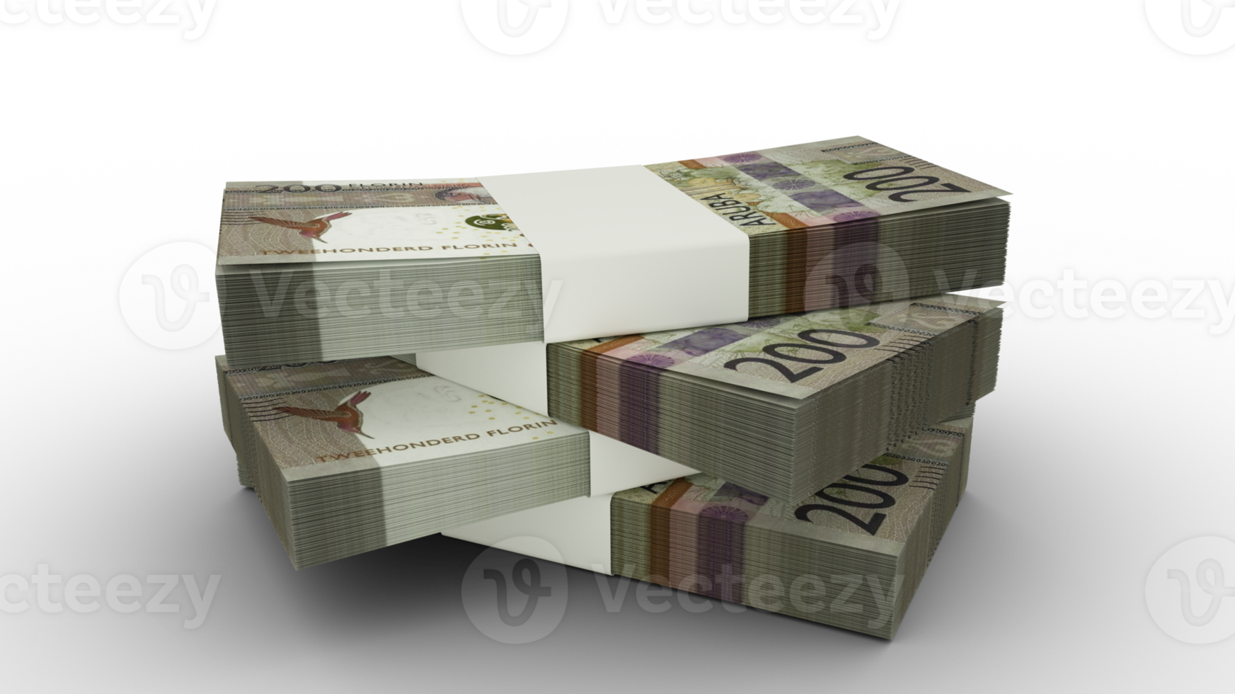 3d rendering of Stack of 200 Aruban florin notes. Few bundles of Aruban currency isolated on transparent background png