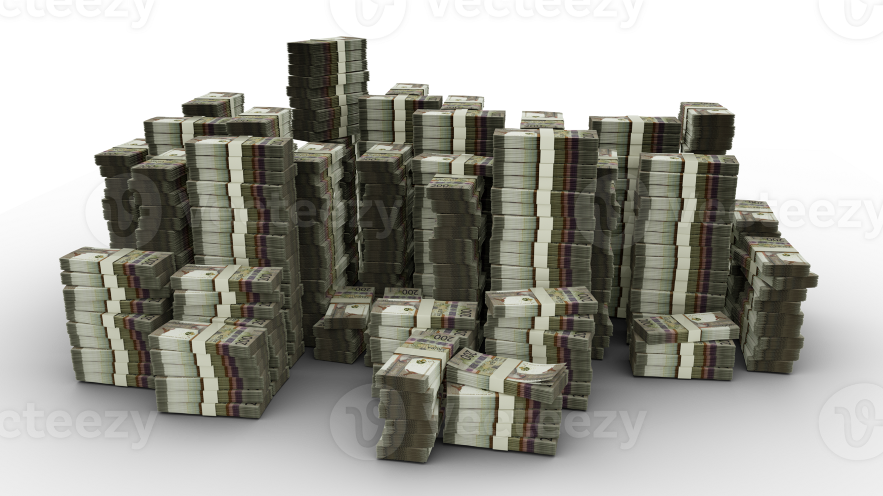 Big stack of 100 Aruban Florin notes. A lot of money isolated on transparent background. 3d rendering of bundles of cash png