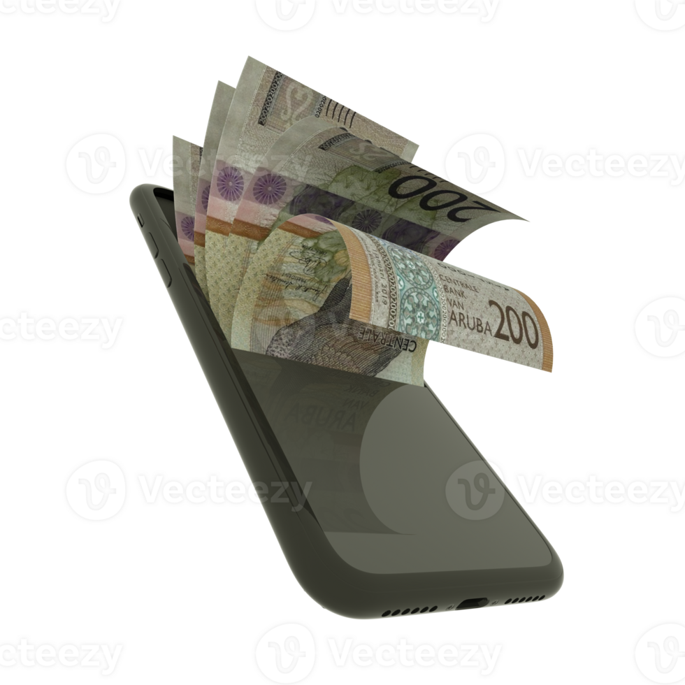 3D rendering of 100 Aruban Florin notes inside a mobile phone isolated on transparent background png