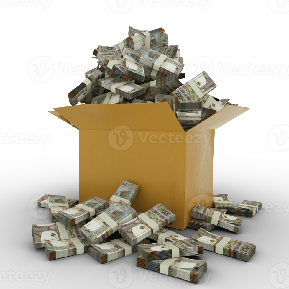 3d rendering of cardboard box full of 200 Aruban florin notes isolated on a transparent background png