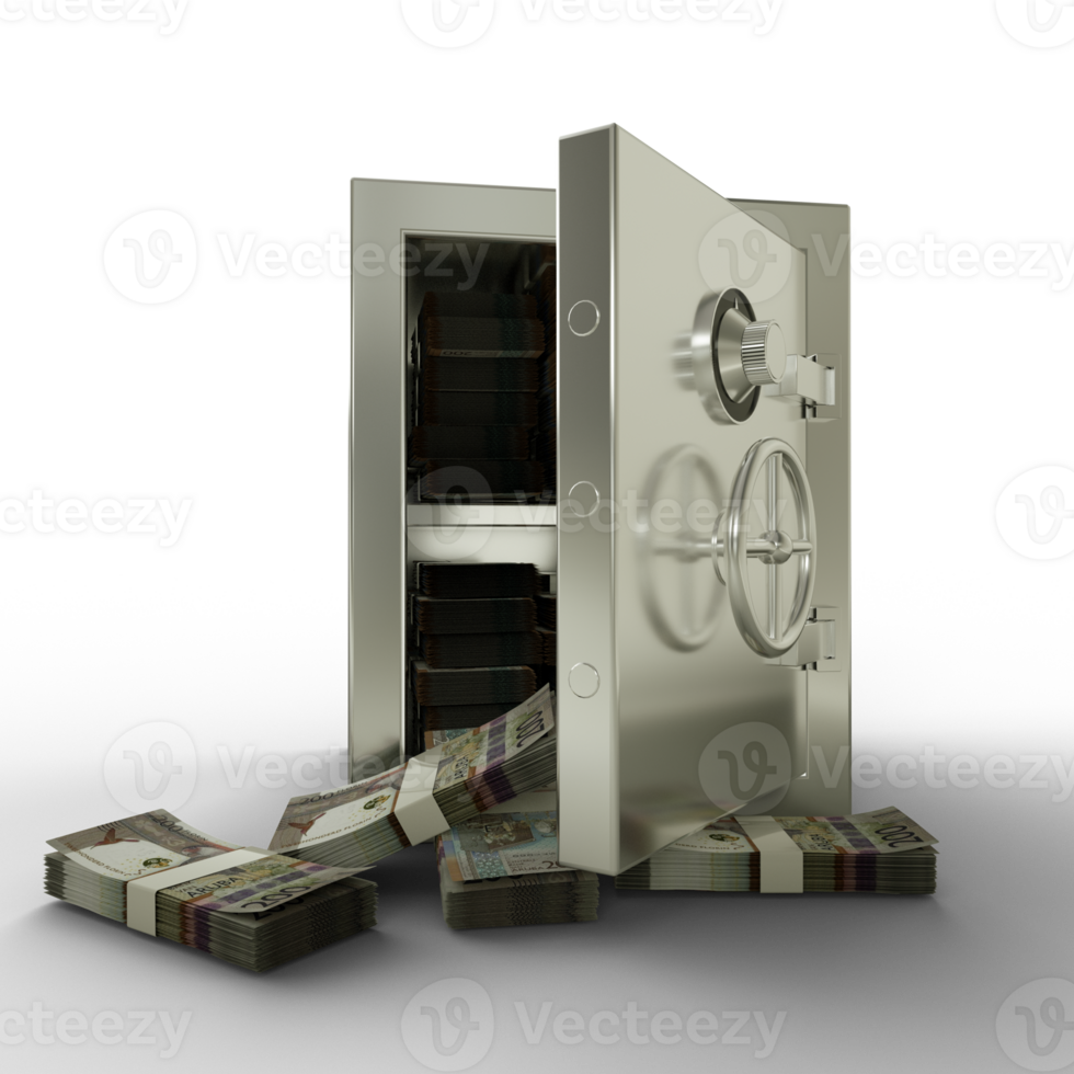 Bundles of 200 Aruban florin in Steel safe box. 3D rendering of stacks of money inside metallic vault isolated on transparent background, Financial protection concept, financial png