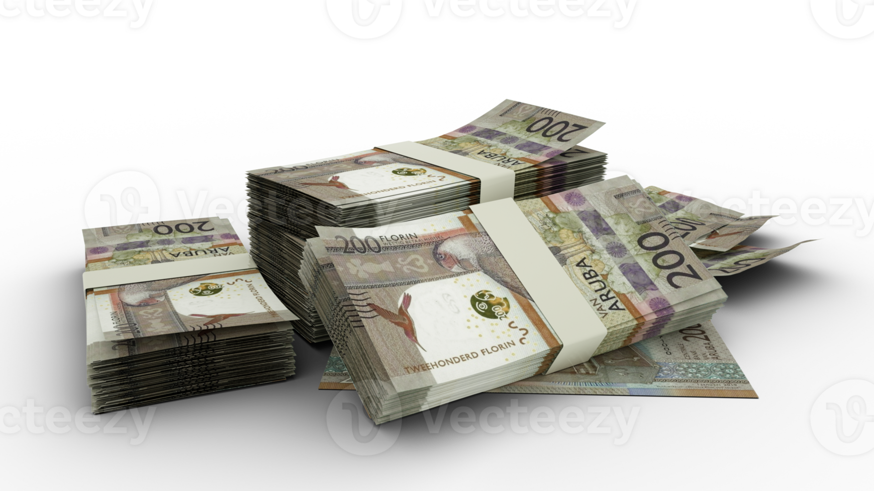 3D Stack of 100 Aruba Florin notes isolated on transparent background png