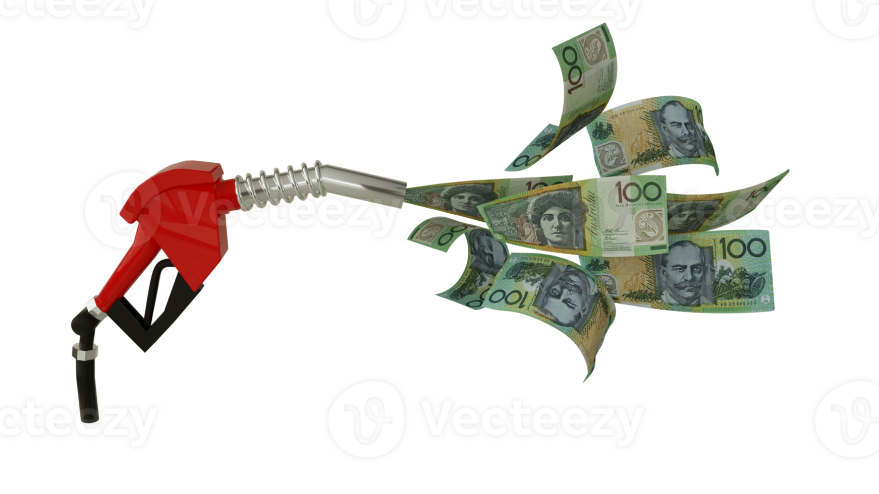 3d rendering of 100 Bahamian dollar notes coming out from fuel pump. red fuel nozzle with Australian dollar flying around png