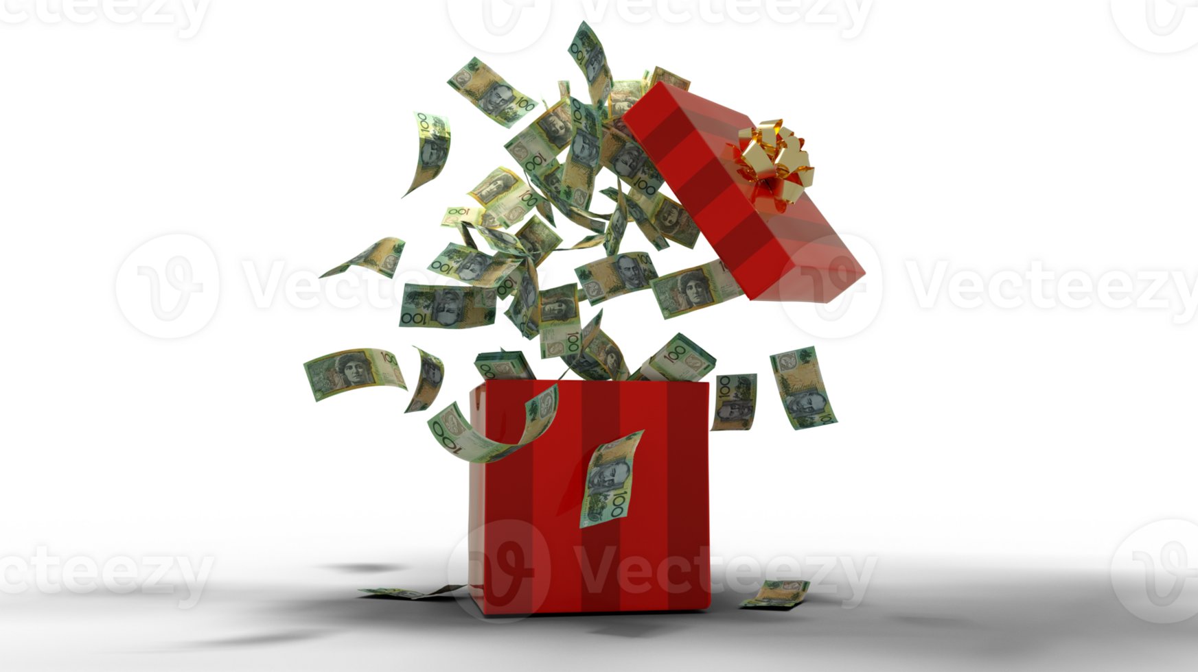 3D rendering of A lot of100 Australian dollar notes coming out of an opened red gift box. Money flying out of box png