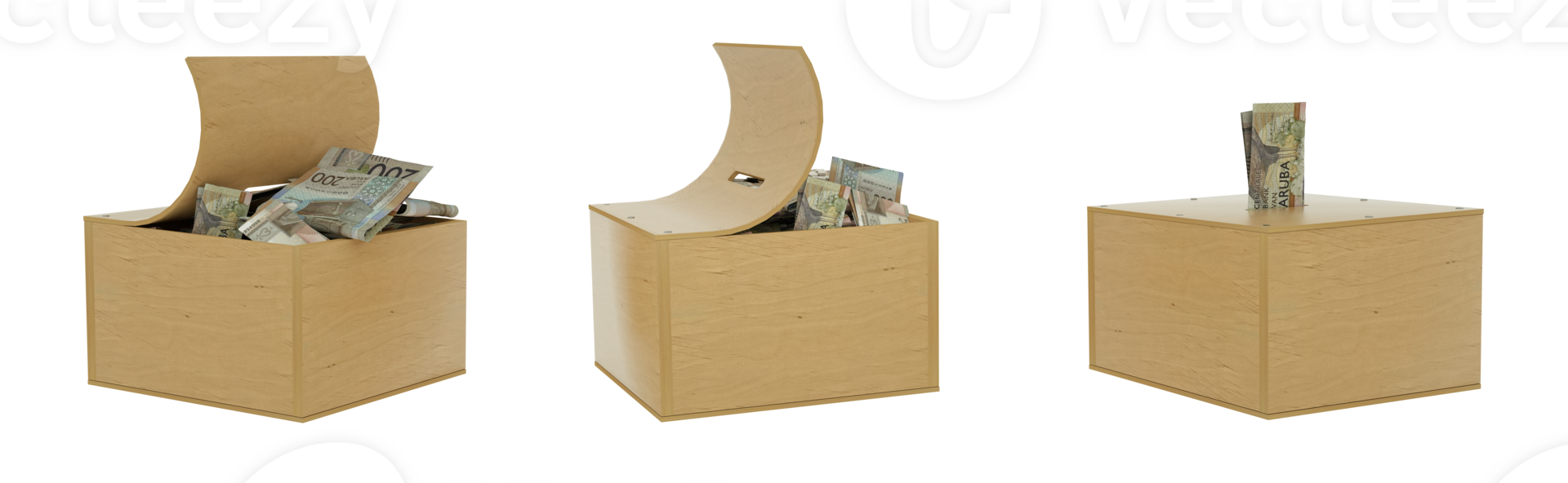 Bahamian dollar notes inside an open wooden savings box. set of savings concept. Generic Piggy Bank, Penny Bank, Money Box. 3d rendering png