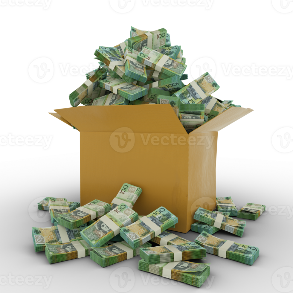 3d rendering of cardboard box full of Bahamian dollar notes isolated on a transparent background png