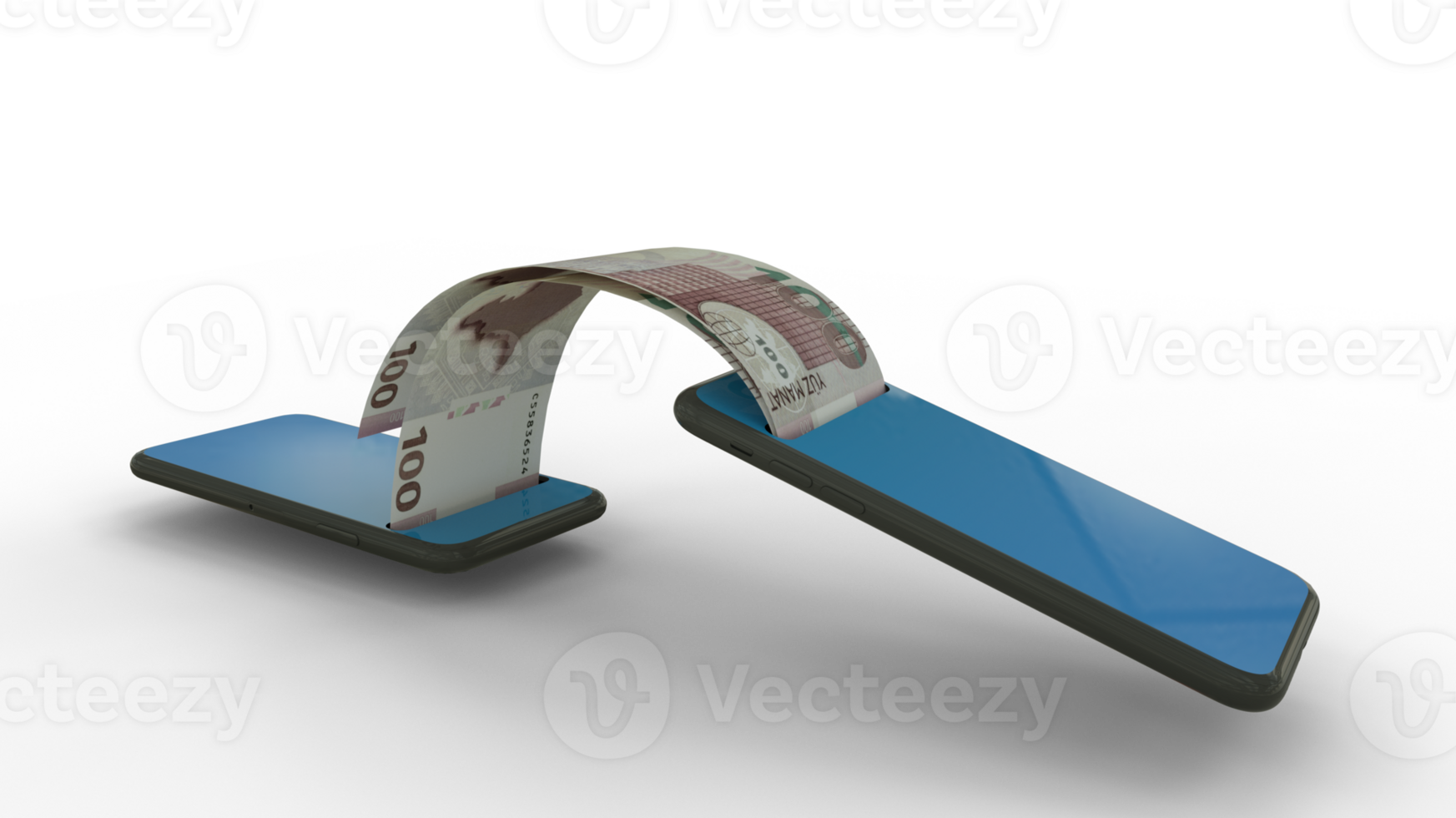 3D rendering of Azerbaijani manat notes transferring from one phone to another. mobile money transaction concept png