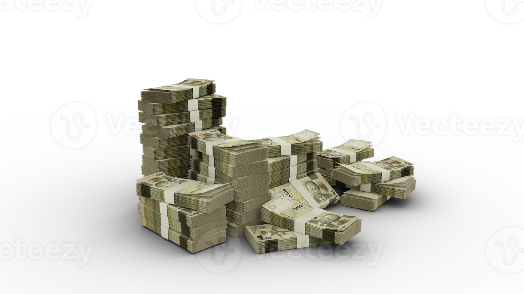 Stack of 100 Bahamian dollar notes. 3d rendering of bundles of money isolated on transparent background png