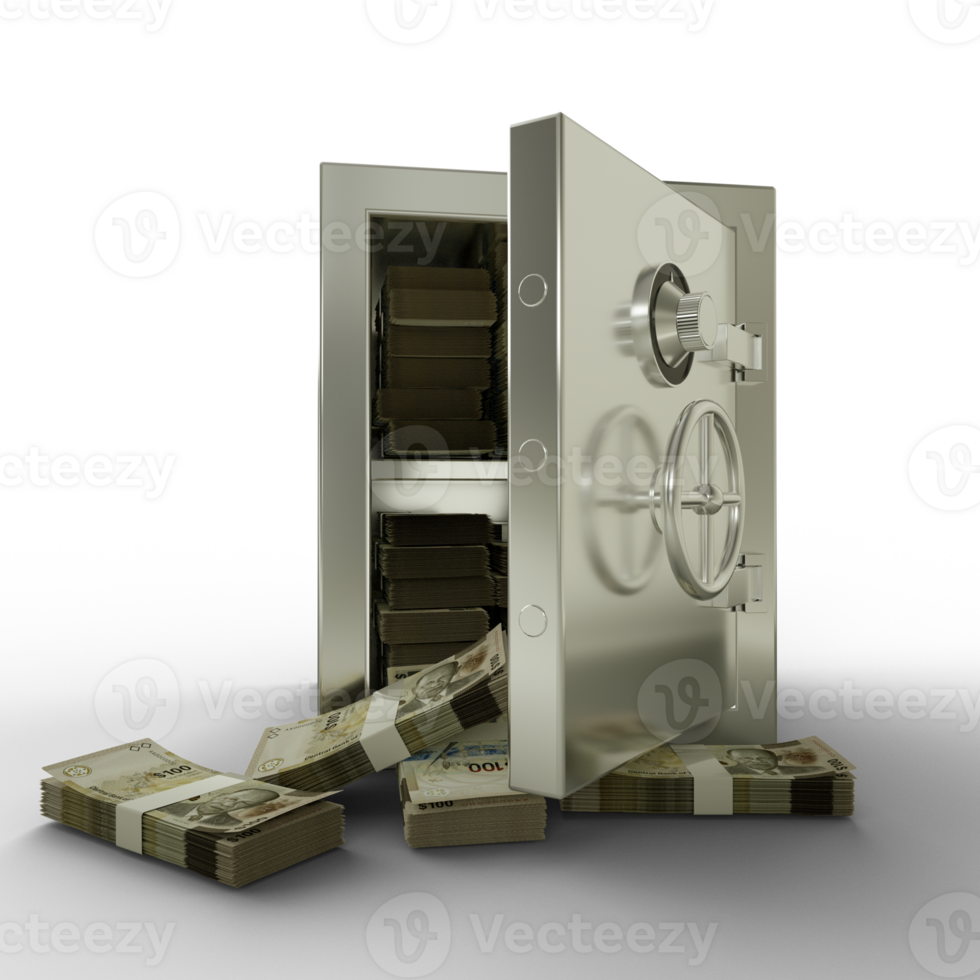 Bundles of 100 Bahamian dollar in Steel safe box. 3D rendering of stacks of money inside metallic vault isolated on transparent background, Financial protection concept, financial safety. png
