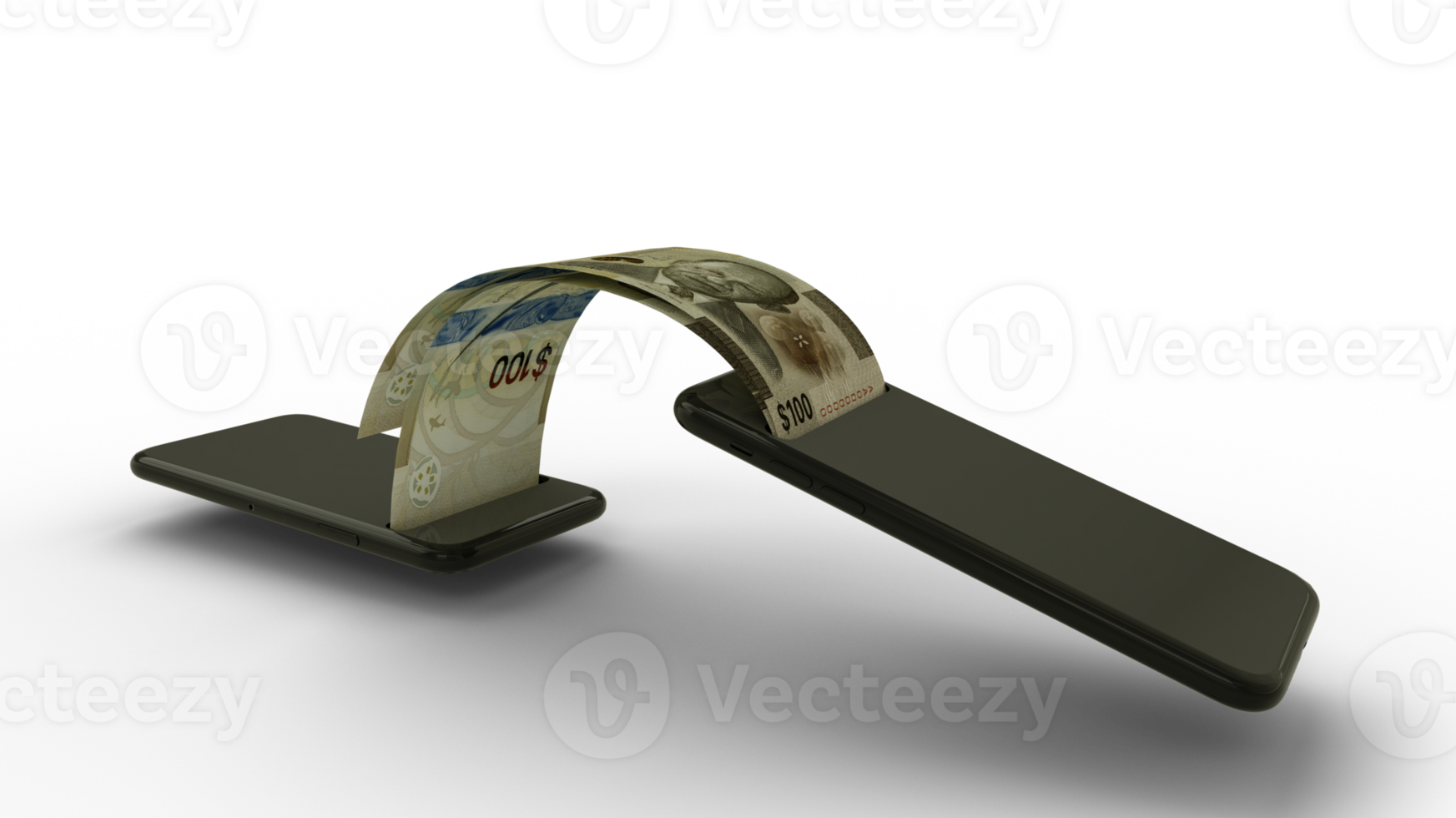 3D rendering of 100 Bahamian dollar notes transferring from one phone to another. mobile money transaction concept. money coming out of mobile phone png