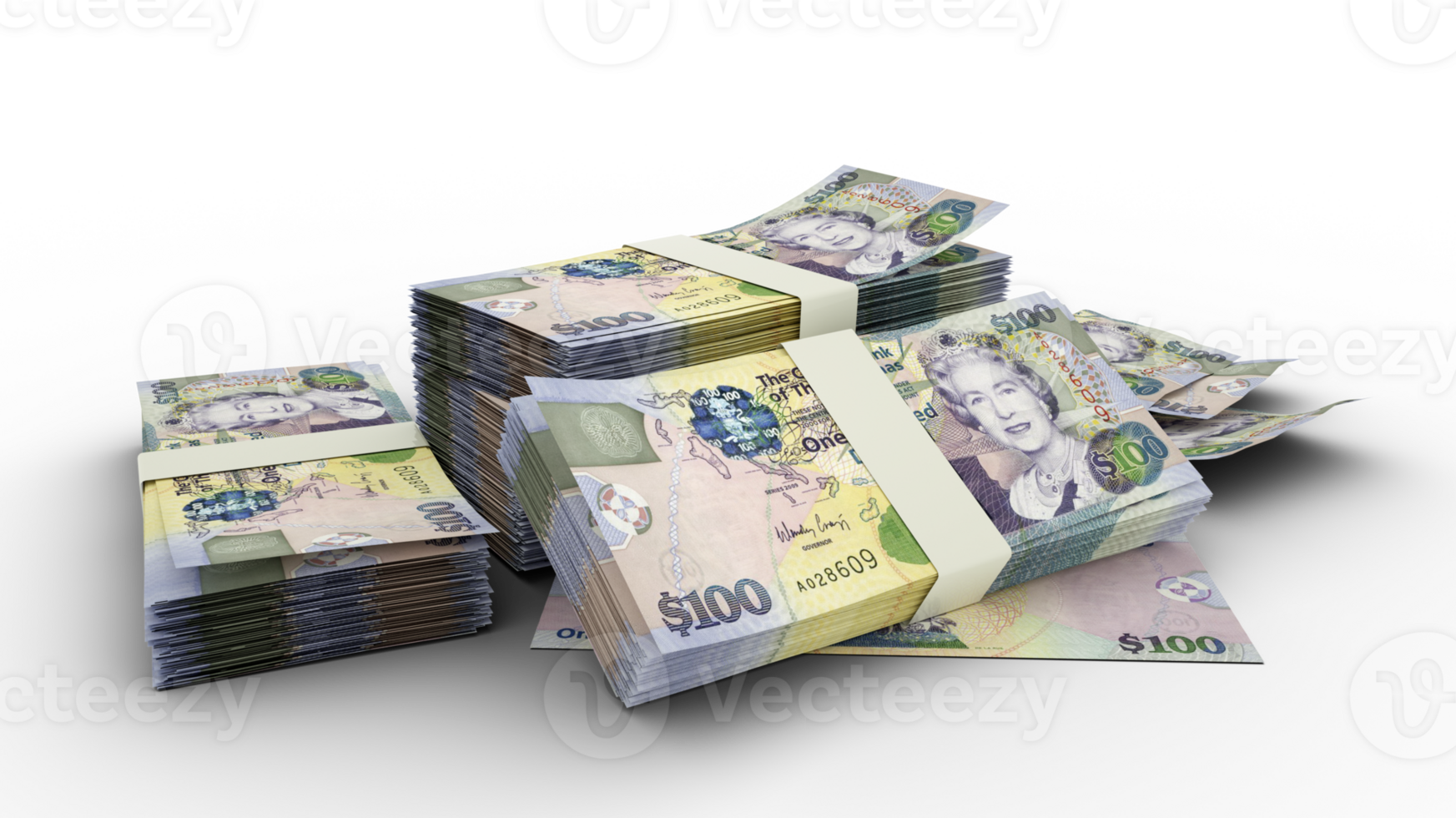 3D Stack of 100 Bahamian dollar notes isolated on transparent background png