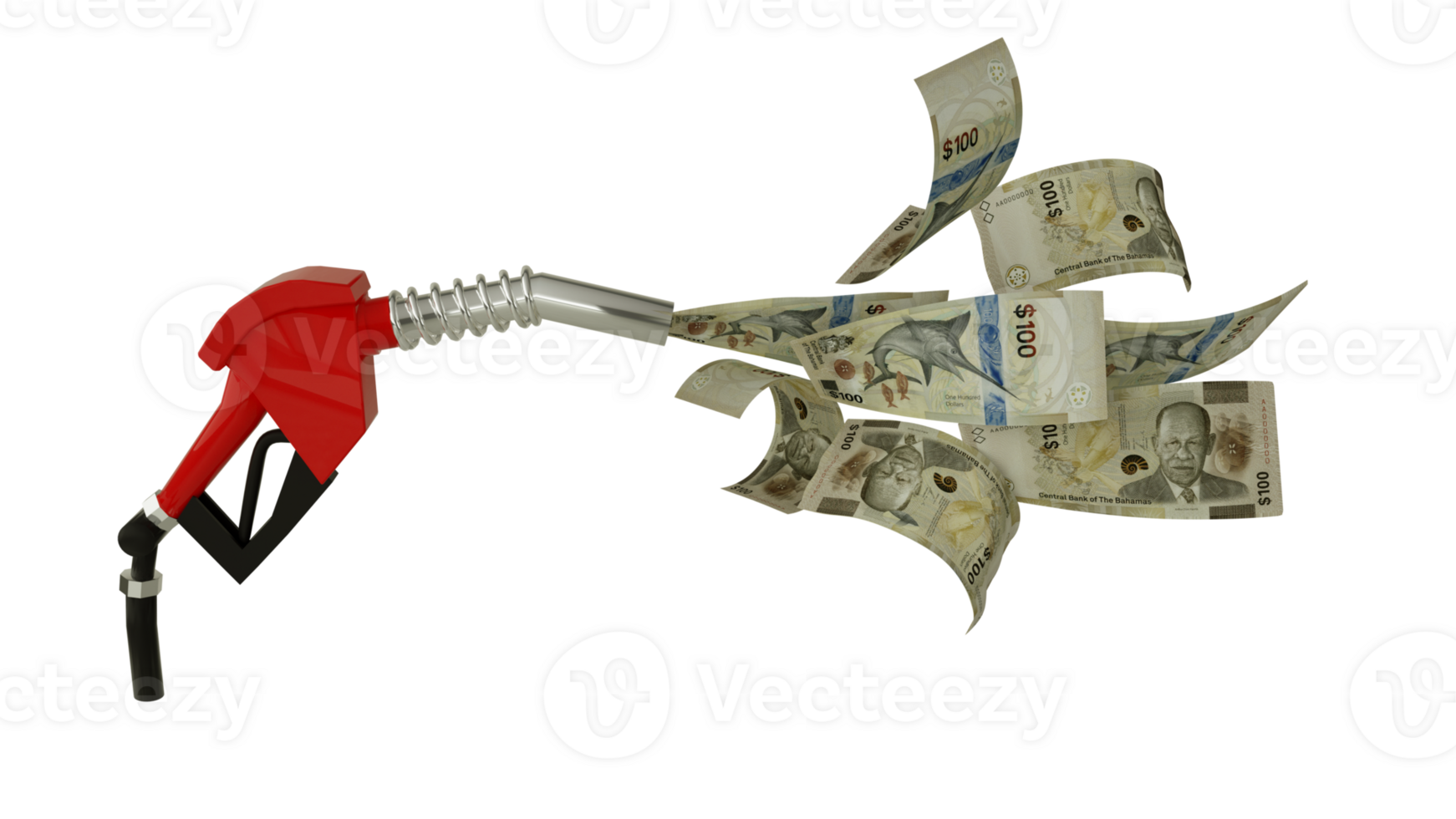 3d rendering of 100 Bahamian dollar notes coming out from fuel pump. red fuel nozzle with Bahamian dollar flying around png