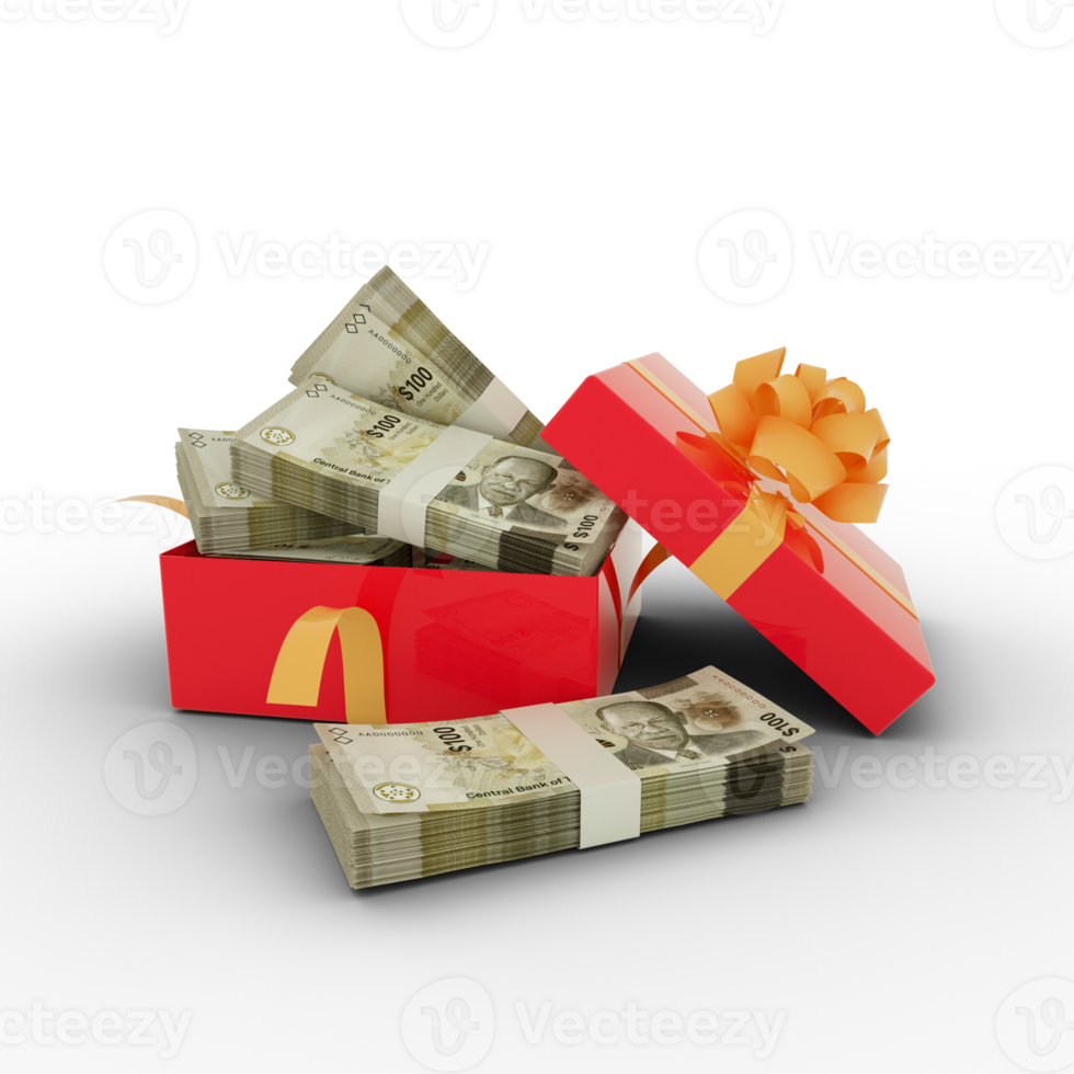 Stack of 100 Bahamian dollar notes inside an open red gift box. Bundles of Bahamian dollar inside a gift box. 3d rendering of money inside box isolated on transparent background png