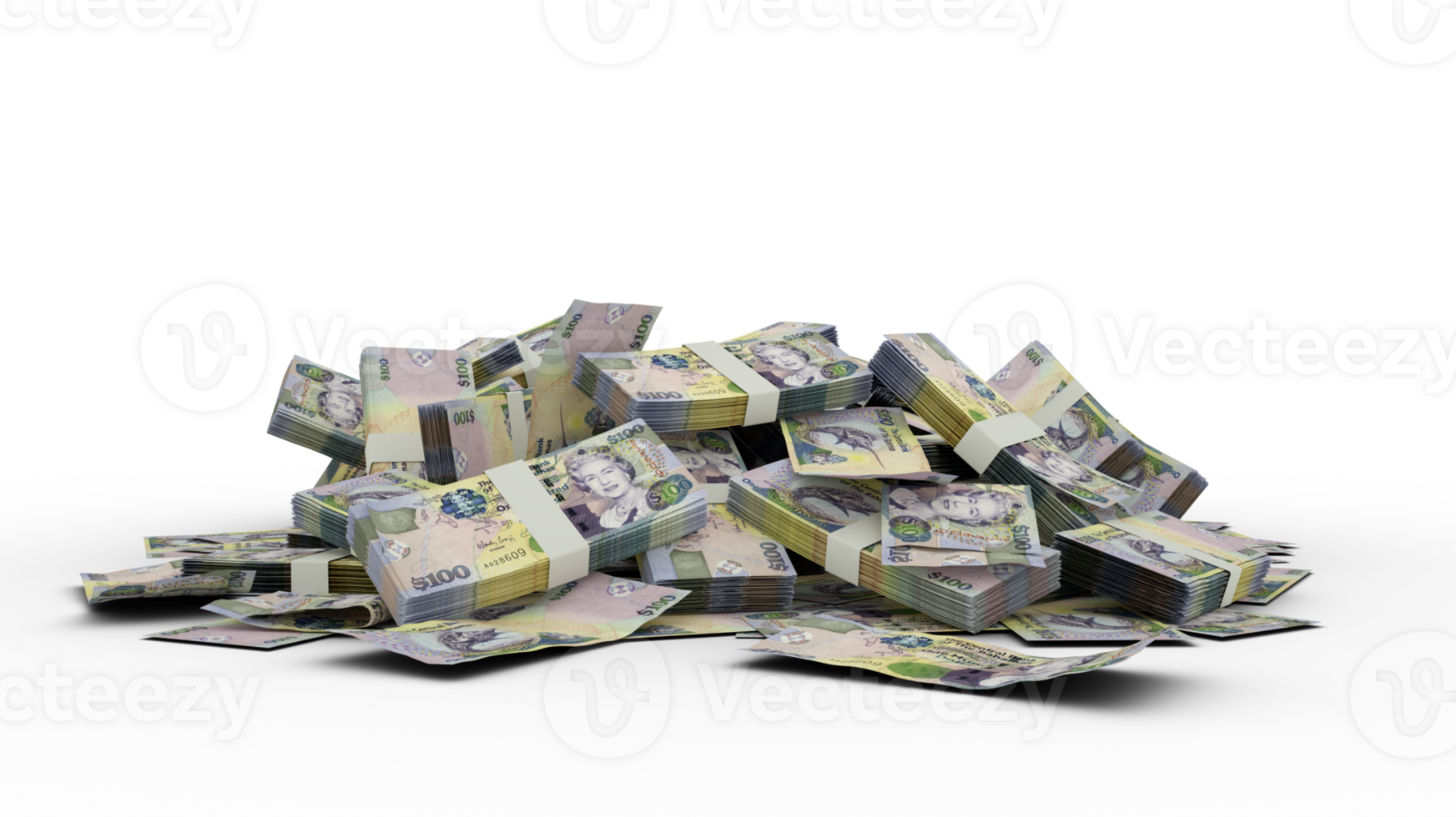 3D Stack of 100 Bahamian dollar notes isolated on transparent background png