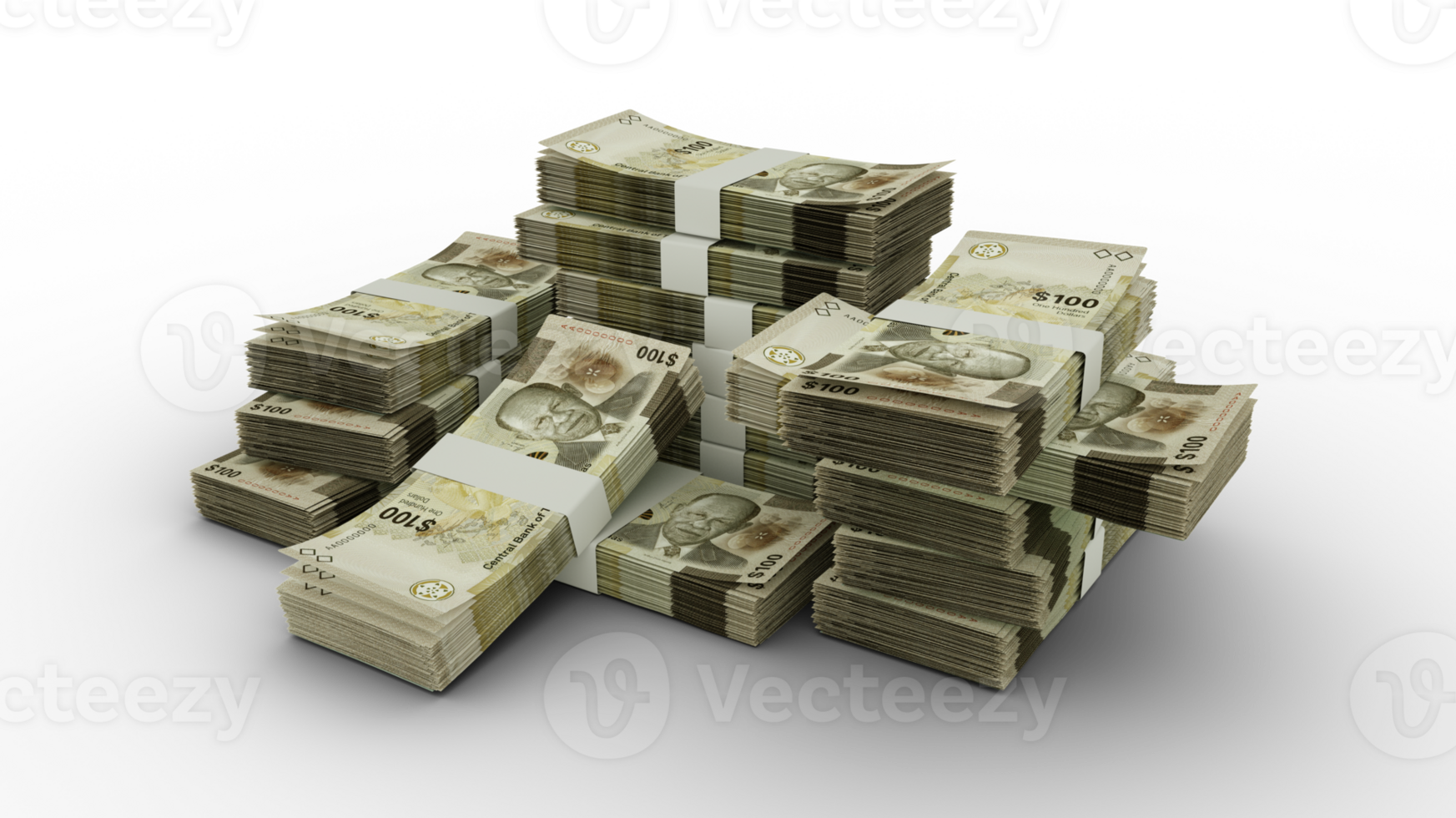Stack of 100 Bahamian dollar notes. 3D rendering of bundles of banknotes png