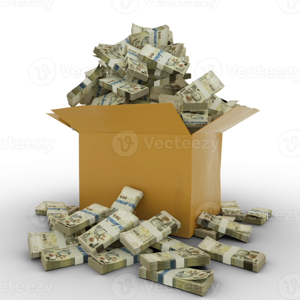 3d rendering of cardboard box full of Bahamian dollar notes isolated on a transparent background png
