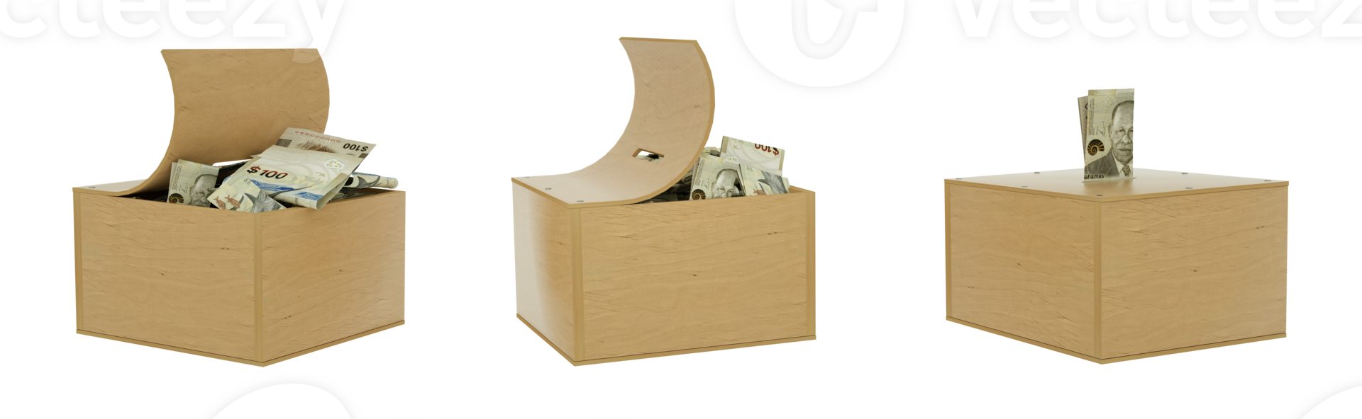 Bahamian dollar notes inside an open wooden savings box. set of savings concept. Generic Piggy Bank, Penny Bank, Money Box. 3d rendering png