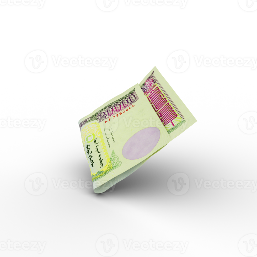 Single 20000 Mongolian togrog note isolated on transparent background. 3d rendering png