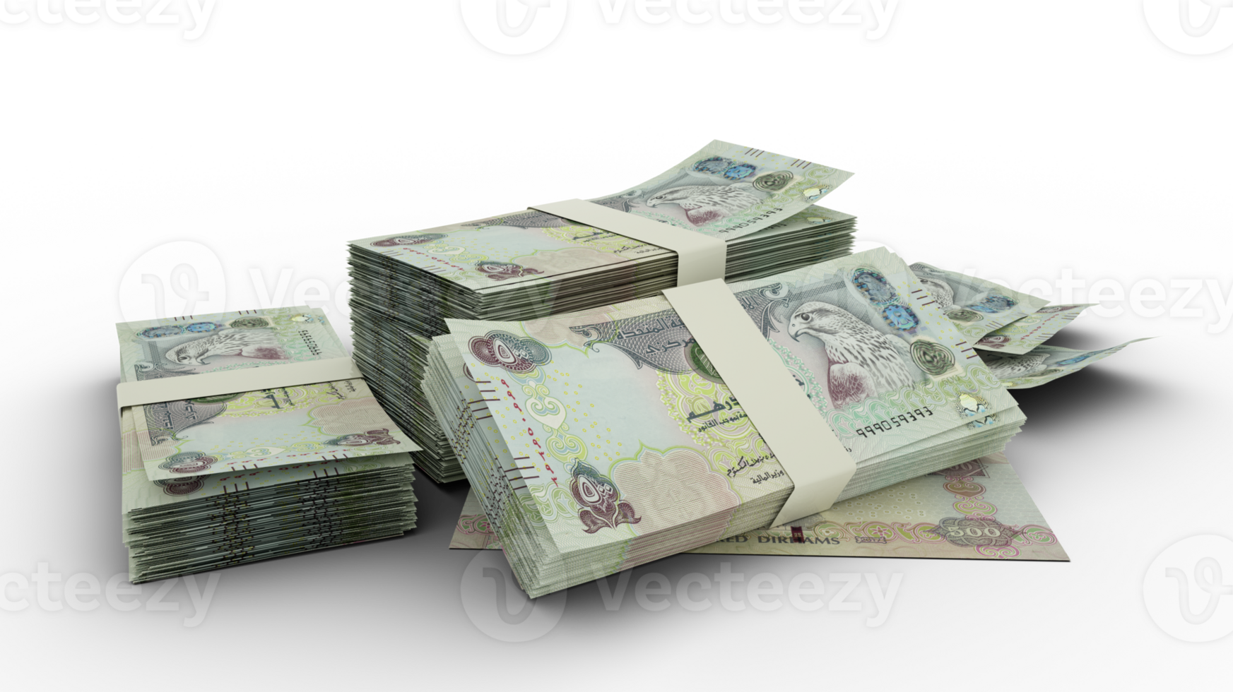 3D Stack of 200 United Arab Emirates dirham notes isolated on transparent background png