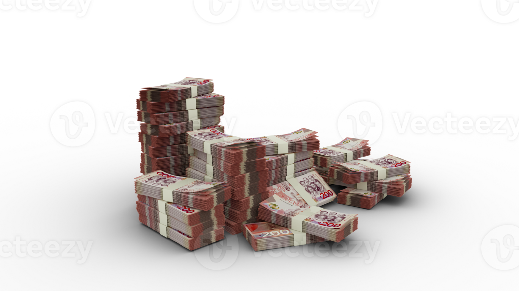 Stack of Ghanaian Cedi notes. 3d rendering of bundles of money isolated on transparent background png